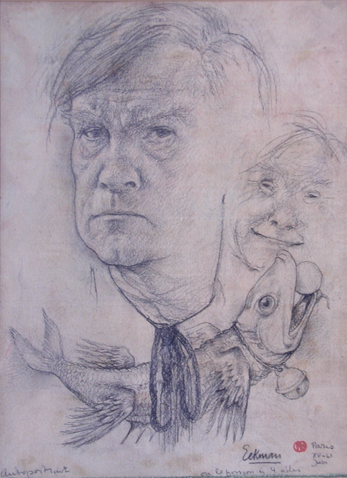 Self-portrait or four wing fish, 1951, pencil drawing, 17.7 x 12.5 in